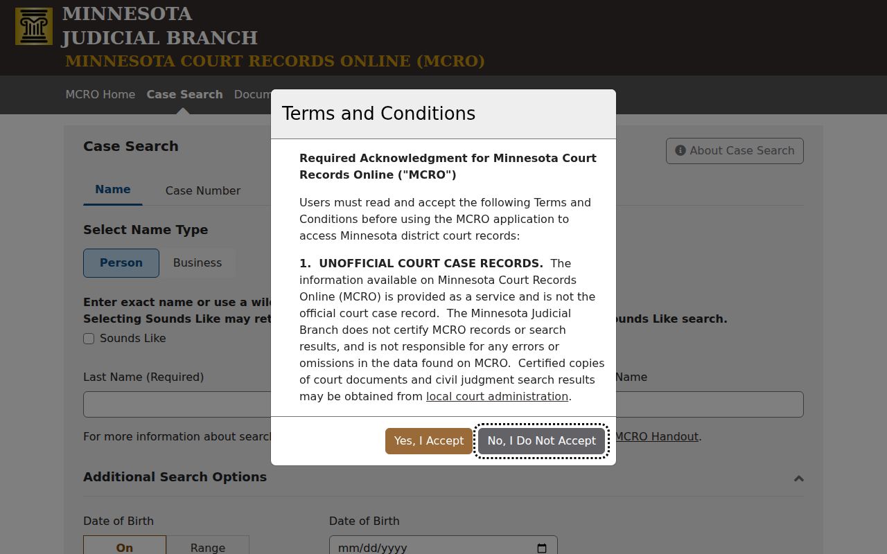 Dakota County resident lookup MCRO Case Search interface