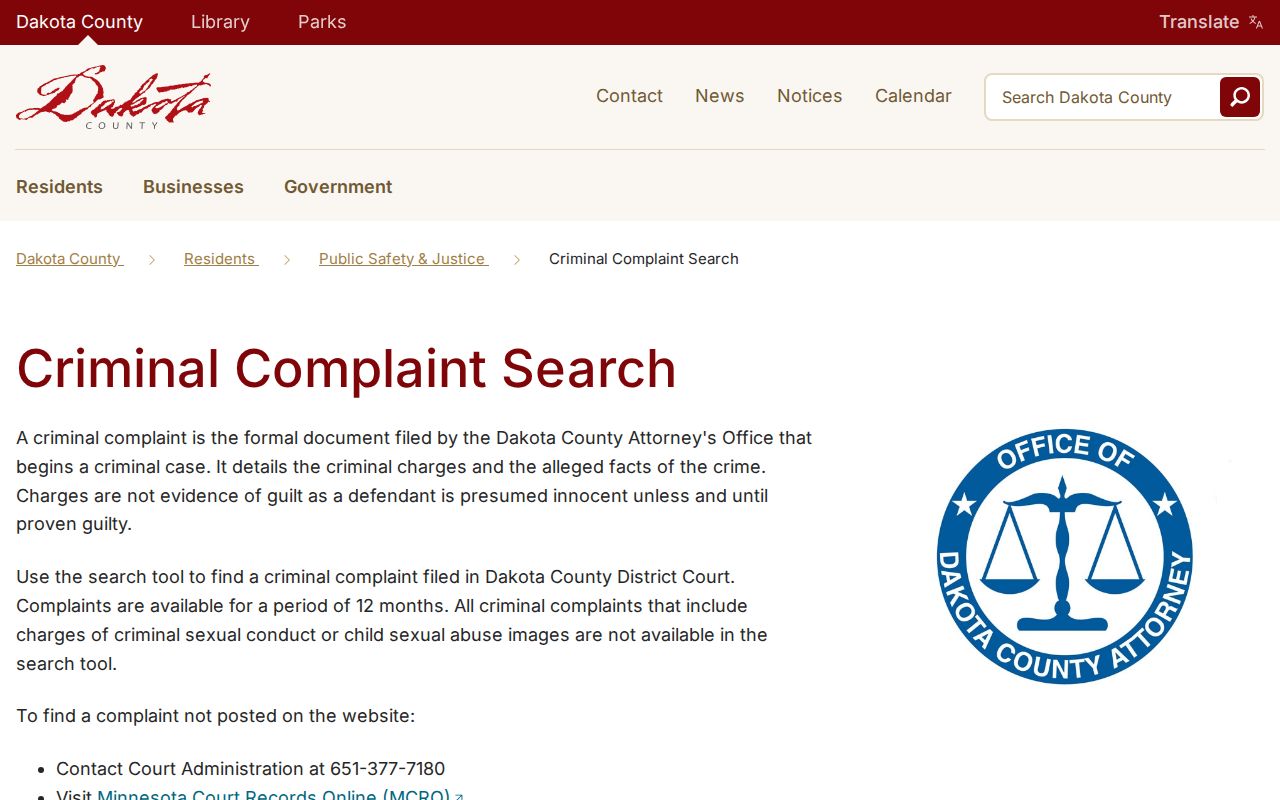 Dakota County resident lookup criminal complaint portal