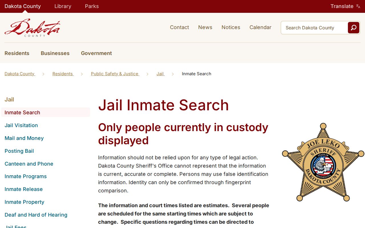 Dakota County resident lookup jail inmate search