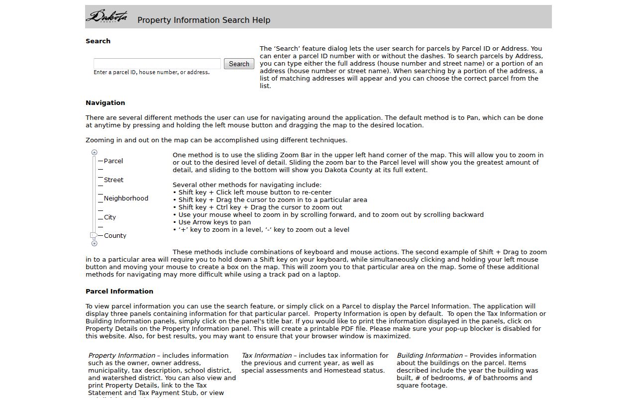Dakota County street directory Property Information Search help card